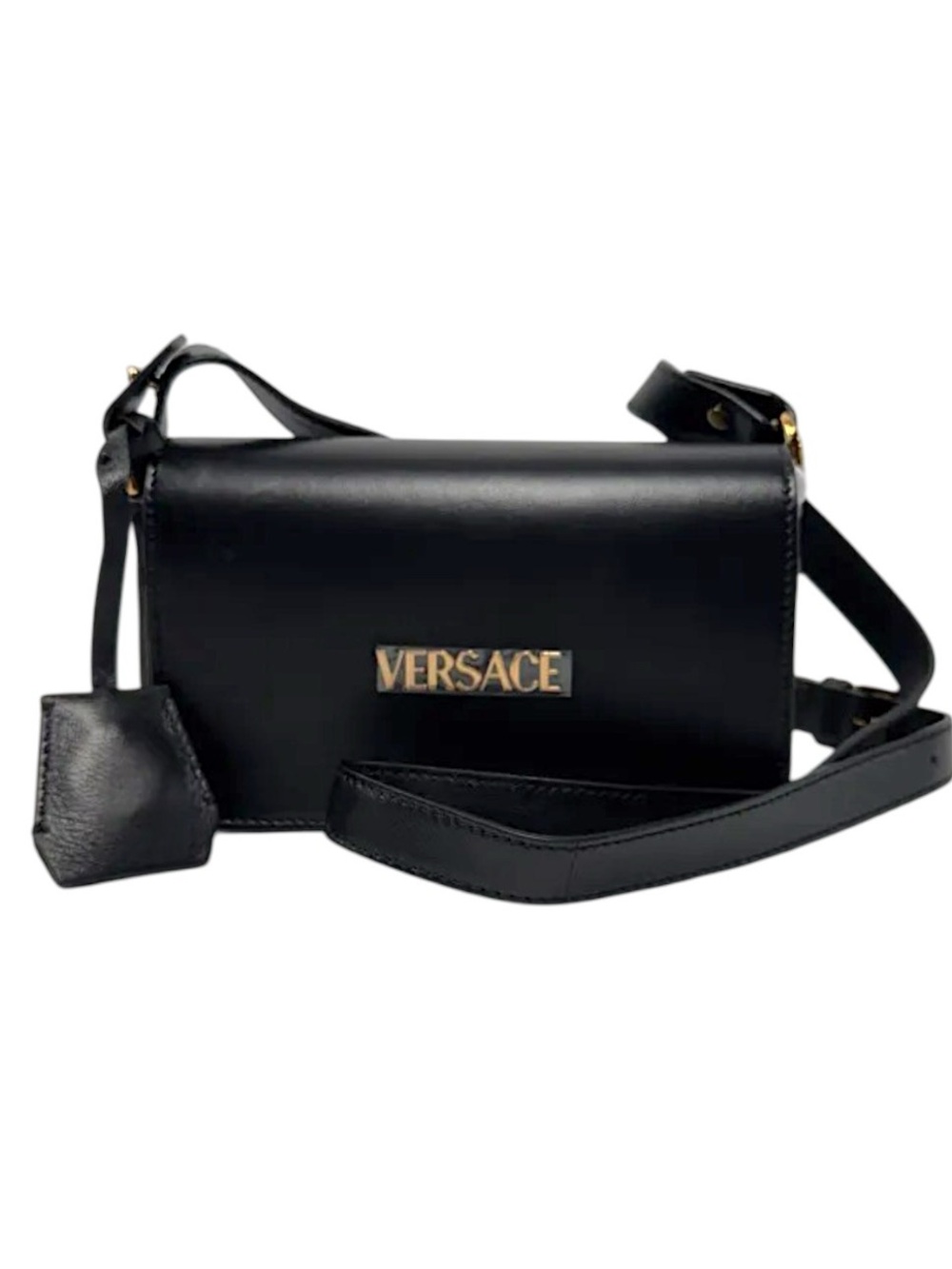 Versace Black Leather Crossbody with Gold Logo Plaque